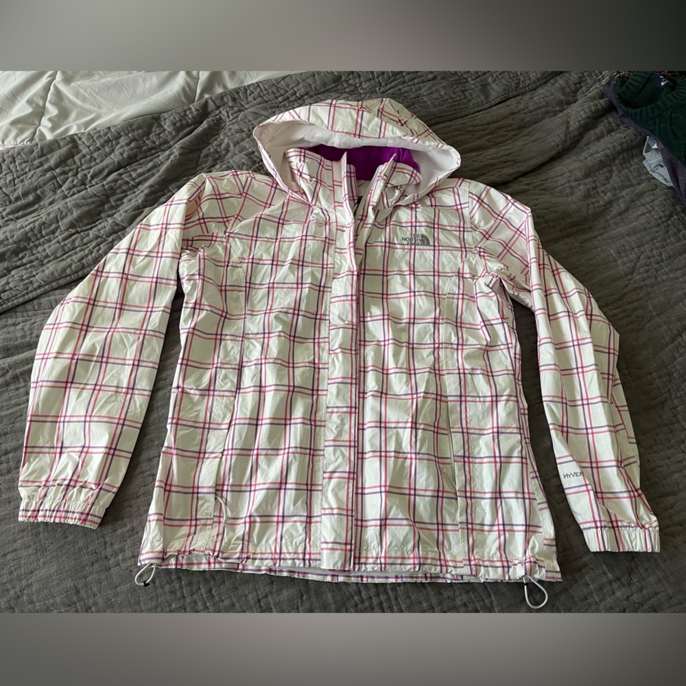 The North Face hooded rain jacket white plaid pink zippered Hyvent size large